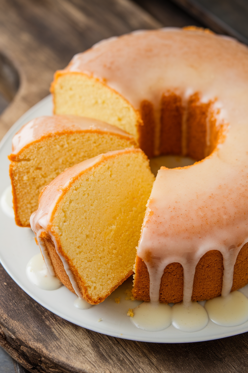 Indoor loaf of lemon pound cake sliced to reveal tight crumb, light glaze dripping down the sides. No text or logos.