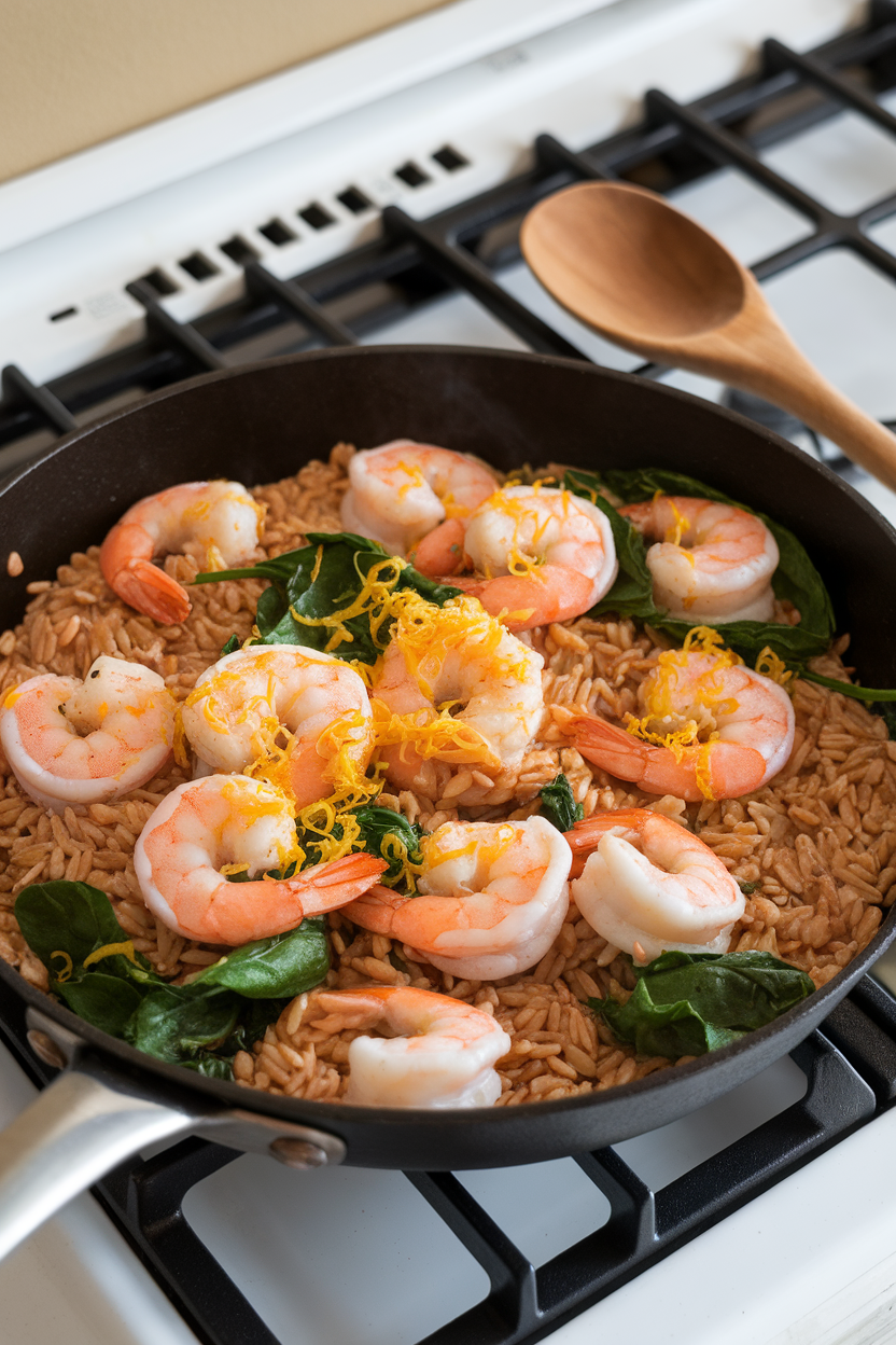 An indoor stovetop scene with a skillet of cooked whole-wheat orzo tossed with pink shrimp, wilted spinach, and grated lemon zest. No logos anywhere; photography only.