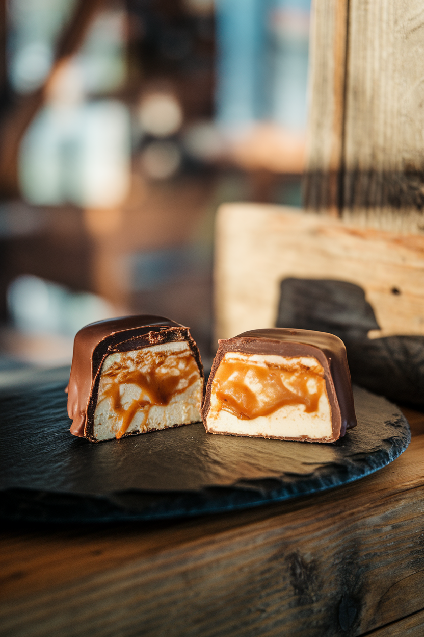 Photo of indoor slate plate displaying cut open caramel-filled nougat bars coated in chocolate, no text or logos