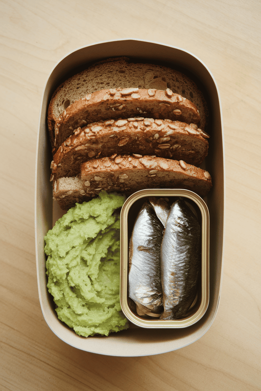 An indoor kitchen counter showing whole-grain toast slices, mashed avocado, and canned sardines packed neatly in a bento-style box. No text or branding visible.