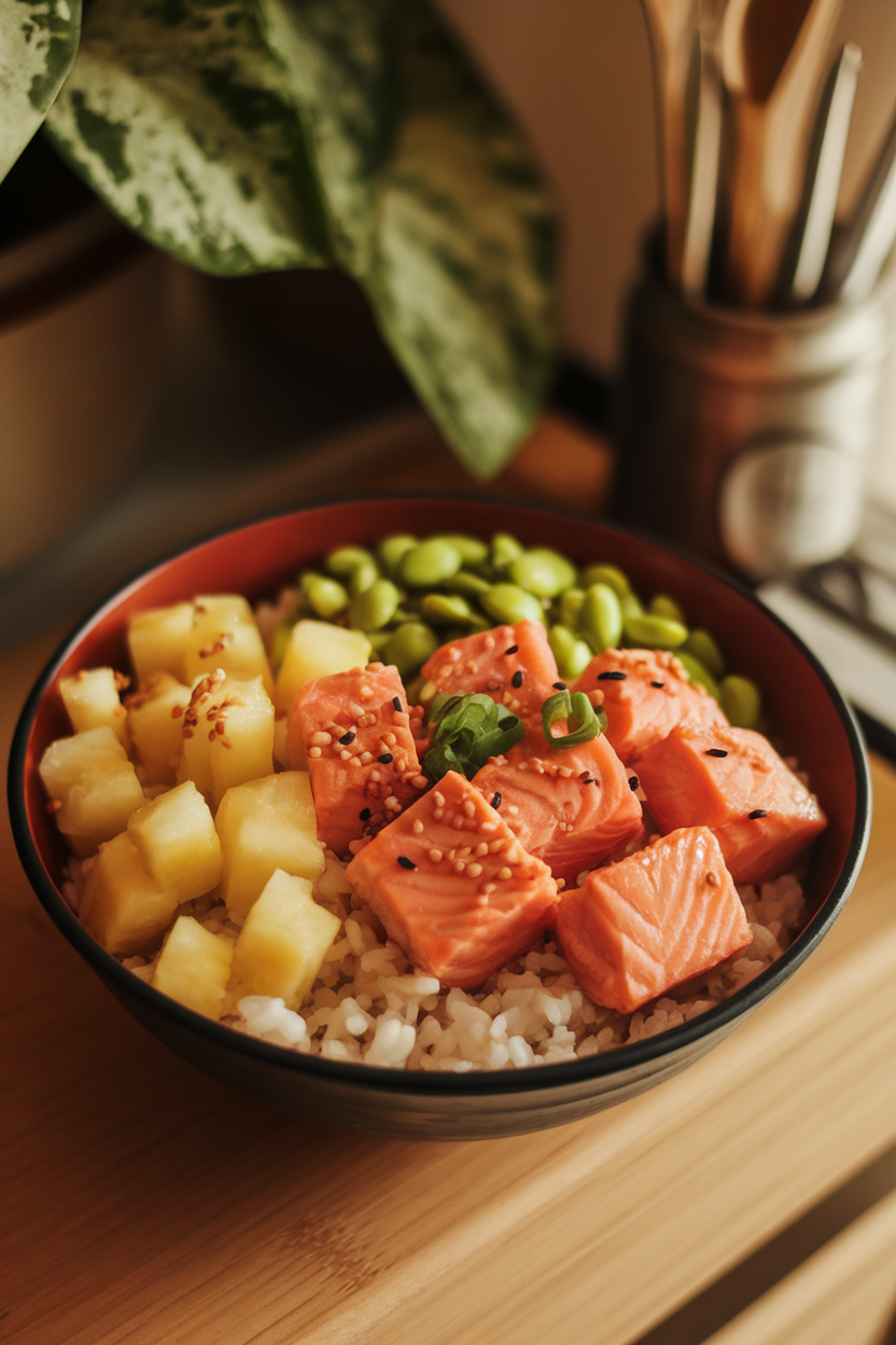 Indoor photo of a bowl with cooked short grain rice, lightly seared salmon cubes (not raw), diced pineapple, edamame, and sesame scallions. No logos or text present.