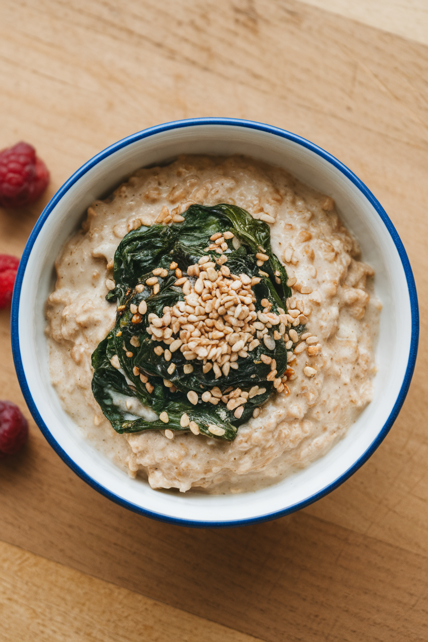 Indoor bowl of creamy oats stirred with wilted spinach, sesame seeds sprinkled on top. No text or logos.