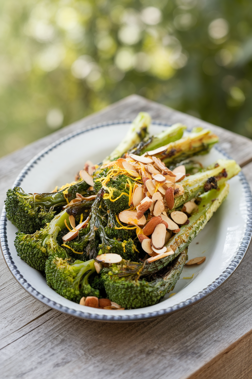 Indoor photo of charred broccolini spears tossed with sliced almonds and lemon zest on a white oval plate; soft natural light, no text or logos.