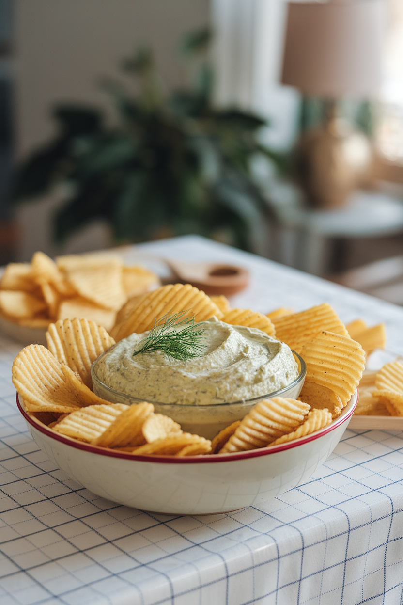 An indoor picnic table featuring a bowl of creamy dill pickle dip with ridged potato chips piled high. Photo, no text or logos.