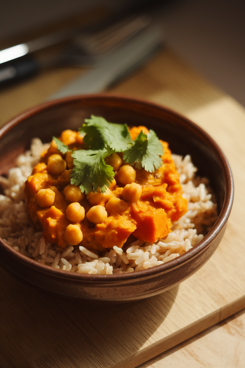 A warmly lit indoor photo of a ceramic bowl of chickpea and sweet potato curry atop brown rice, garnished with cilantro leaves; no text or logos.