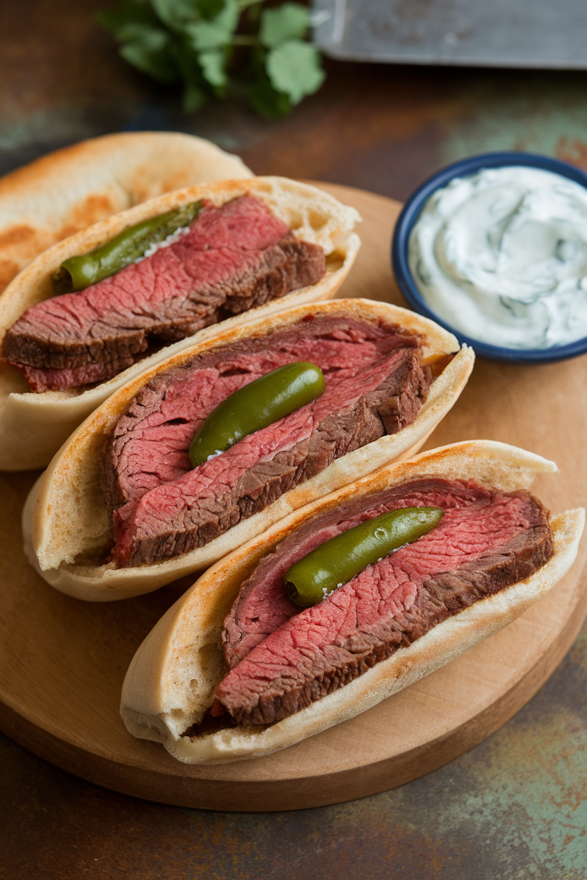 Indoor photo of sliced roast beef with pepperoncini peppers and tzatziki tucked into pita halves, shot at eye level. No text or logos.