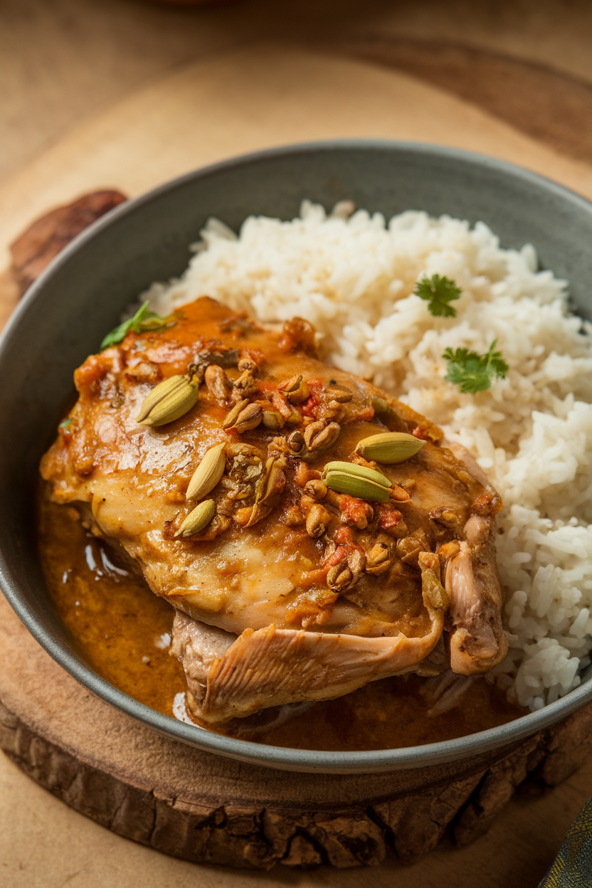 Indoor photo of coconut milk braised garlic cardamom chicken in a shallow bowl with rice; warm indoor light, no text or logos