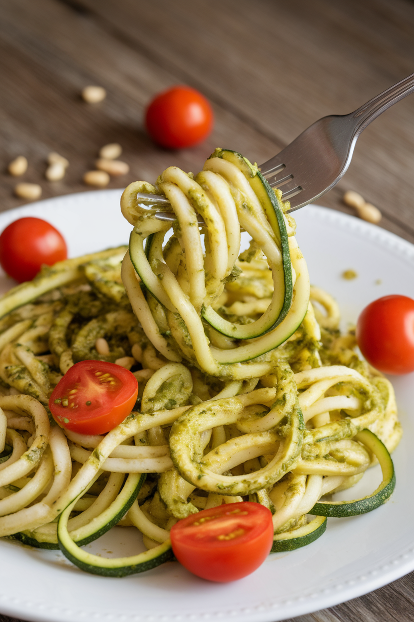 Photo of a fork twirling zucchini noodles coated in vibrant basil pesto on an indoor plate; no text or logos.