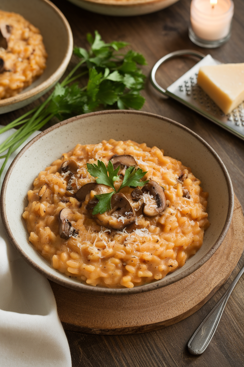 Shallow bowl of mushroom risotto garnished with parsley and grated Parmesan, indoor ambiance. No text or logos. Photo.