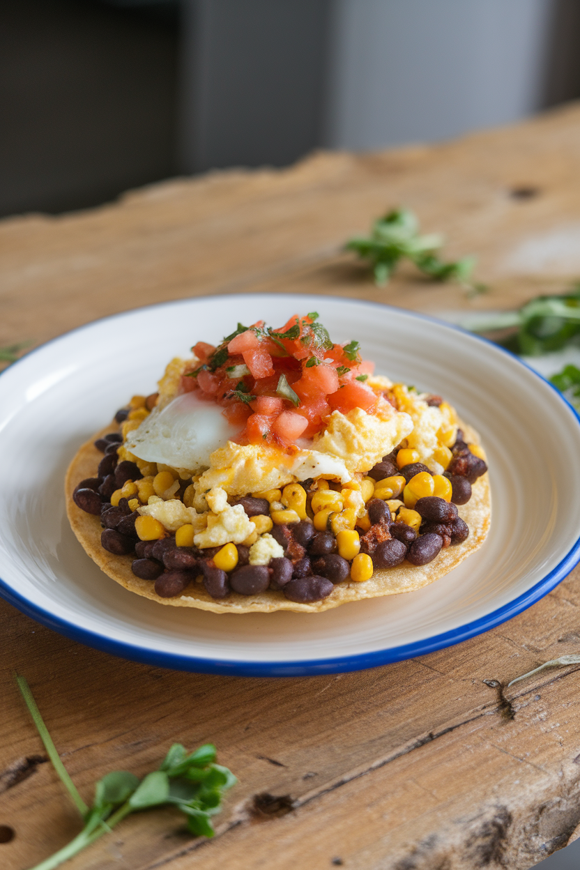 Indoor plate with a crispy tostada shell piled high with black beans, roasted corn, scrambled egg, and salsa. No text or logos.