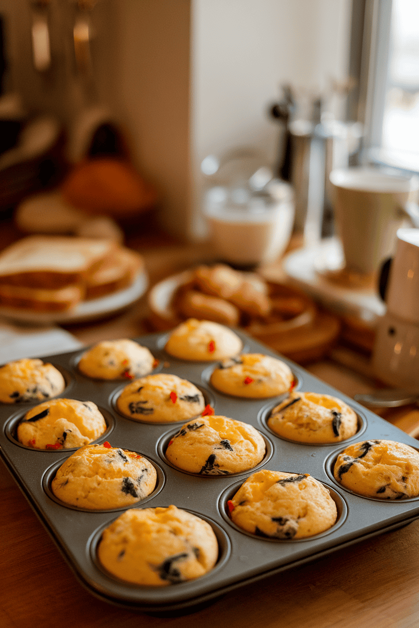 A warmly lit indoor breakfast counter showcasing a muffin tin filled with golden egg muffins dotted with spinach and red bell pepper bits—no logos or text visible. Photo only.