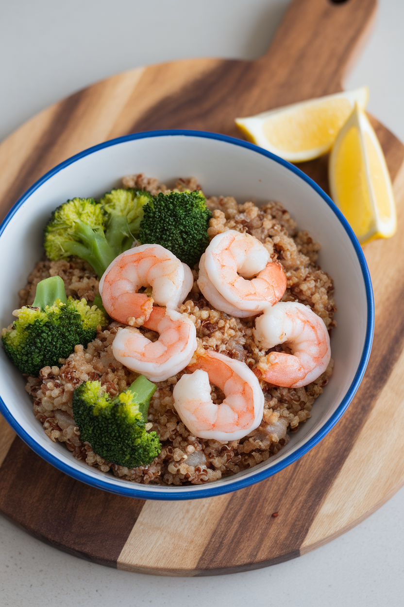 A bowl indoors with quinoa mixed with sautéed shrimp and bright green broccoli florets, lemon wedges nearby. No text or logos.