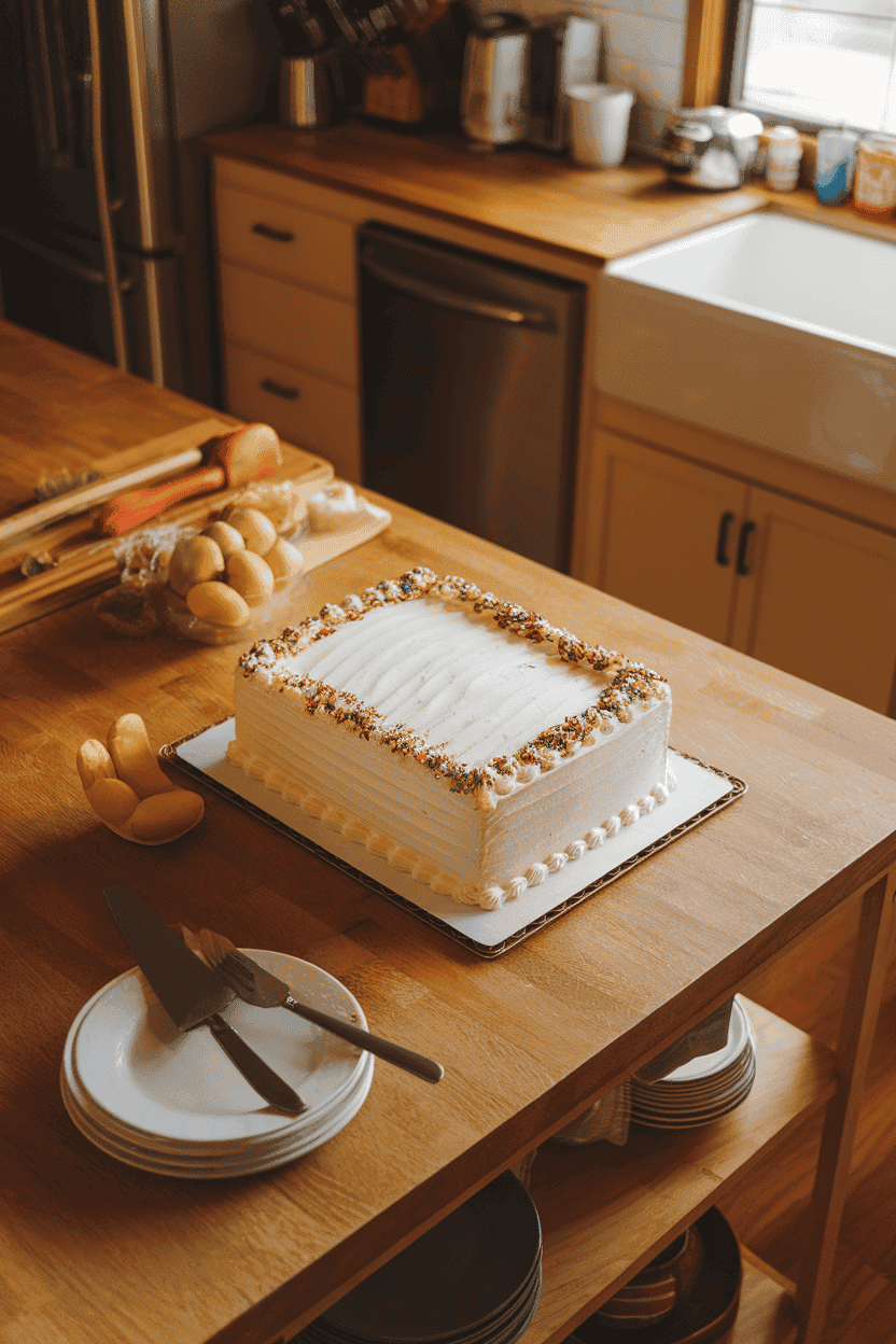 A warmly lit indoor kitchen island displaying a rectangular vanilla sheet cake covered in fluffy white buttercream and topped with rainbow sprinkles, photographed slightly overhead. No text or logos anywhere in the scene. This should be a photo, not an illustration.