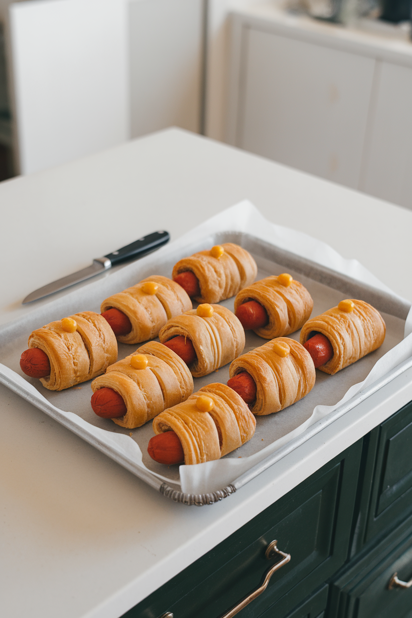 An indoor kitchen island holding a parchment-lined tray of puff-pastry wrapped hot dogs with two mustard dots for eyes. Photo, no text or logos.