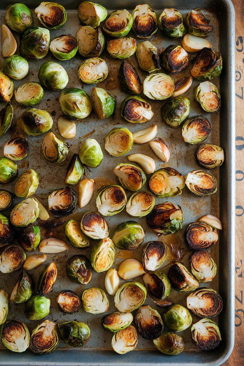 Indoor oven-to-table sheet pan filled with halved Brussels sprouts caramelized to deep golden brown, dotted with roasted garlic cloves. Photo, no text or logos.