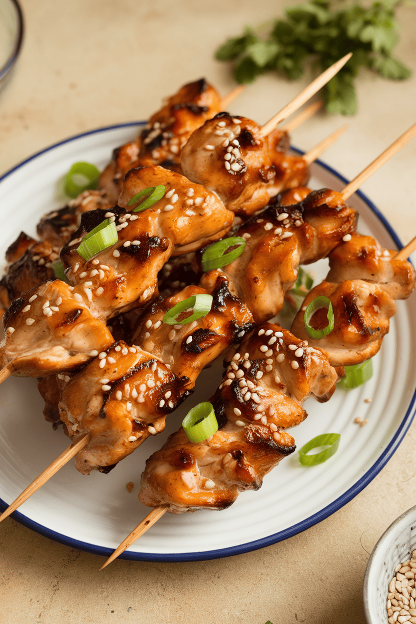 An indoor platter showcasing glossy teriyaki chicken skewers garnished with sesame seeds and green onion slices. No text or logos; photo only.