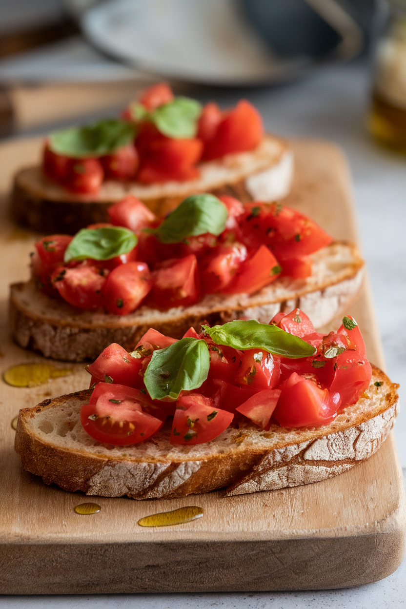 Photo of three slices of toasted rustic bread topped with diced tomatoes, basil, and olive oil on a wooden board indoors; no text or logos.