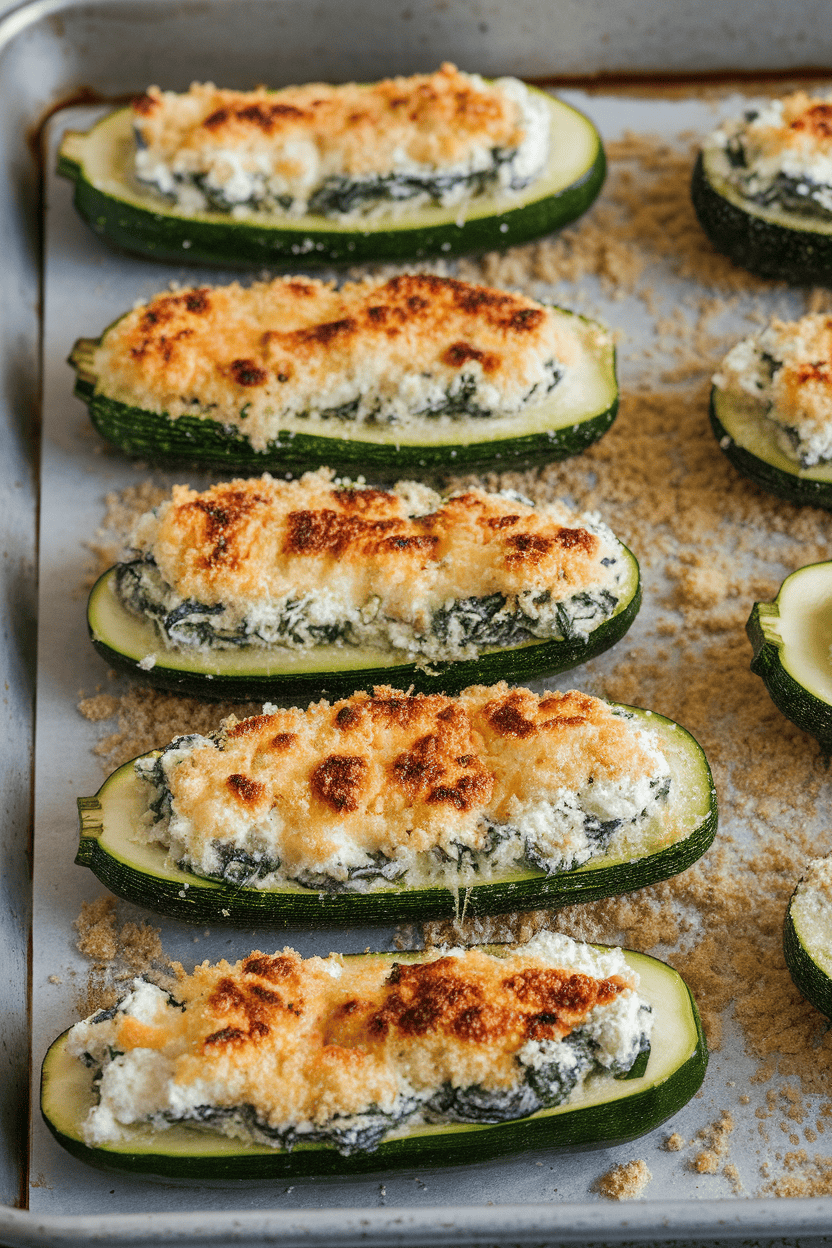 Photo of an indoor baking tray holding halved zucchinis stuffed with ricotta-spinach filling and a light dusting of breadcrumbs, cheese browned on top; no text or logos visible.