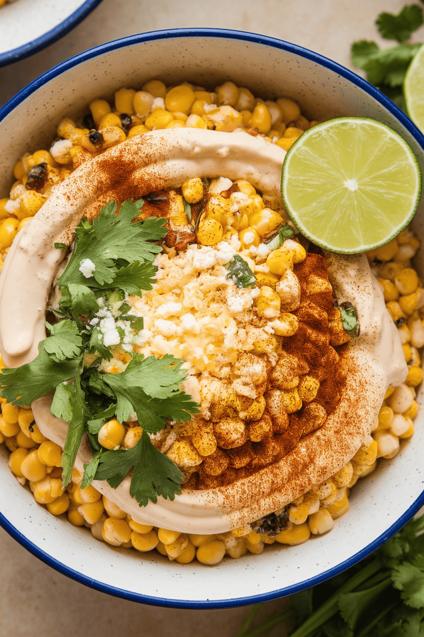 An indoor bowl of esquites featuring charred corn kernels folded with mayo, cotija cheese, cilantro, and chili powder, a lime wedge on rim. No text or logos; photo only.