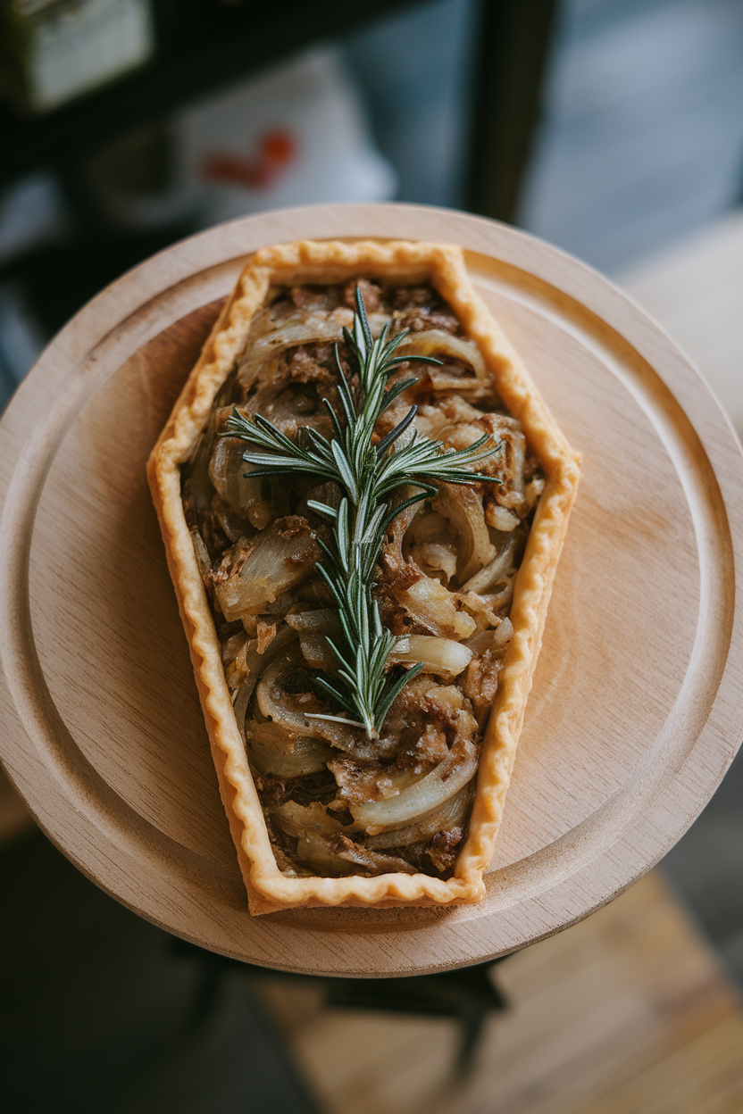 Photo of puff pastry tart cut into a coffin shape, browned onions on top, rosemary sprig “cross,” on an indoor wooden board. No text or logos.
