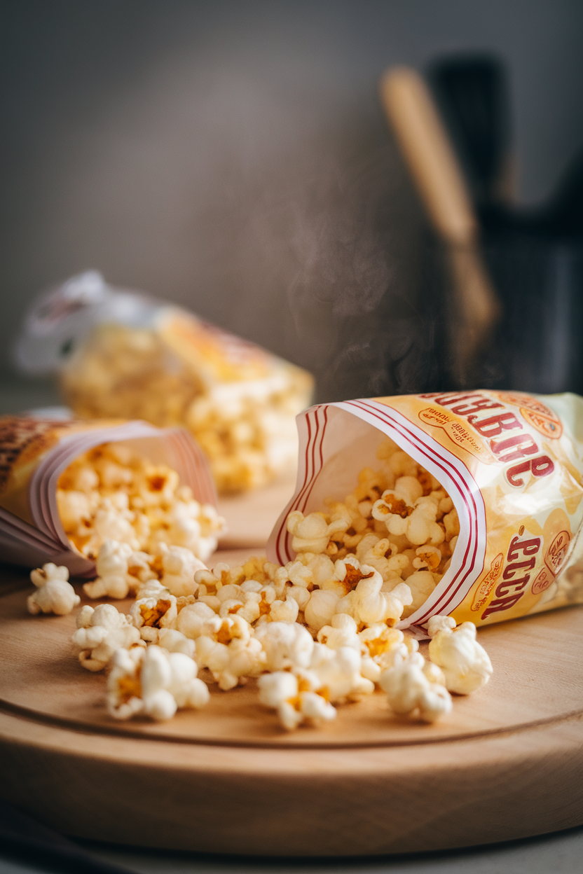 An indoor scene showing three palm-sized bags of kettle corn, one open with popcorn spilling onto a wooden board, steam faintly visible. No text or logos.