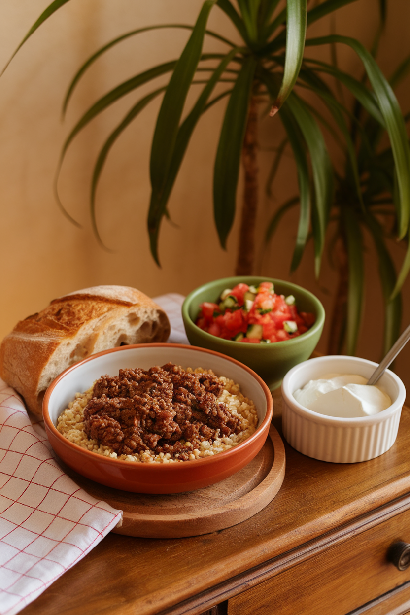 Warm indoor scene showing a bowl of spiced ground lamb, bulgur wheat, diced tomato-cucumber salad, and a dollop of labneh. No logos or text anywhere.