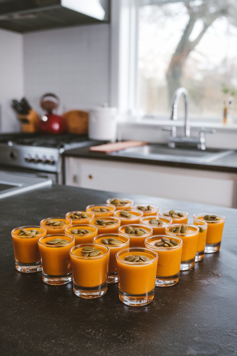 Indoor kitchen island lined with small shot glasses of velvety orange butternut squash soup, each topped with toasted pumpkin seeds. No text or logos. Photo only.
