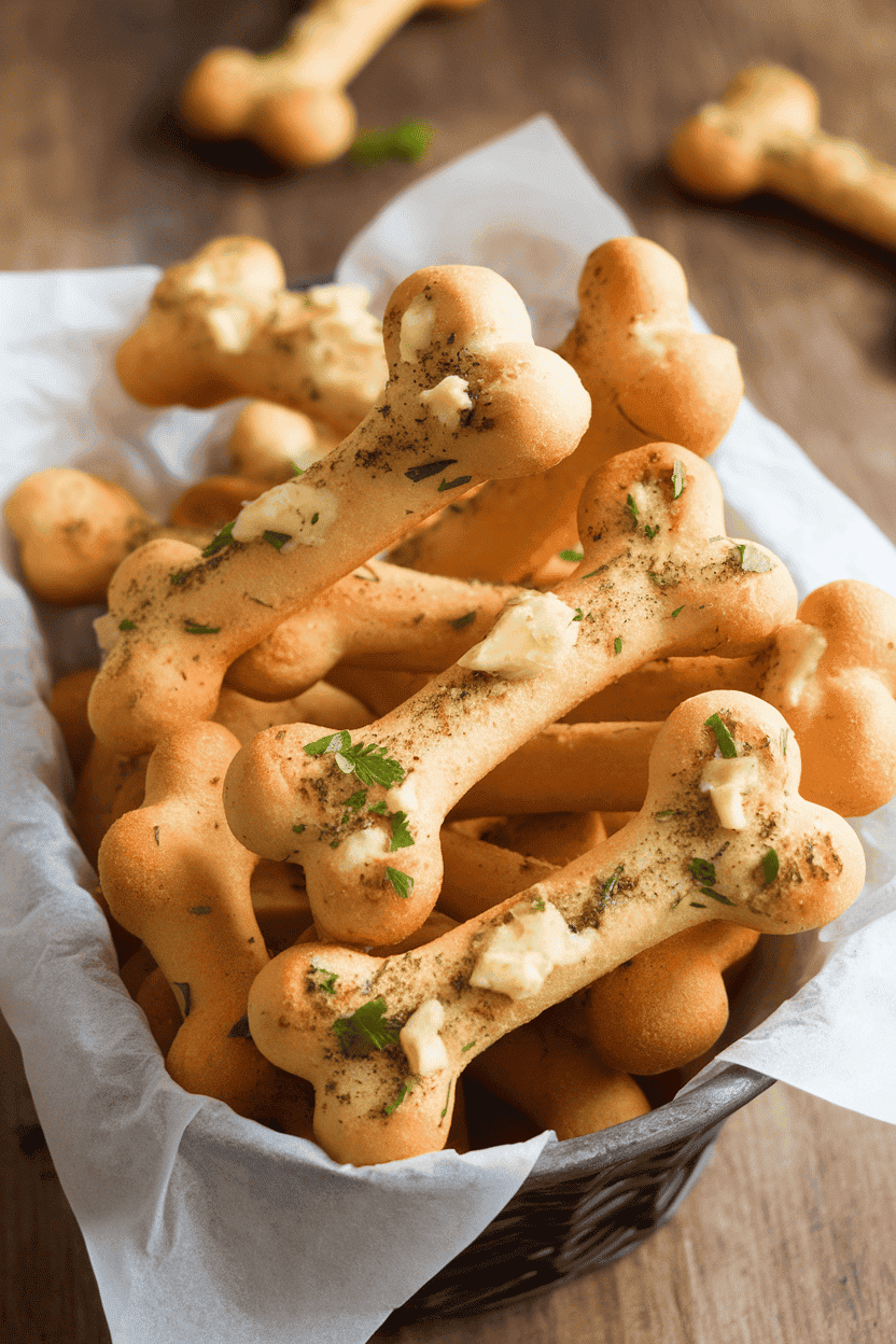 Indoor bread basket lined with parchment, holding bone-shaped breadsticks dusted with garlic butter and parsley. No text or logos.