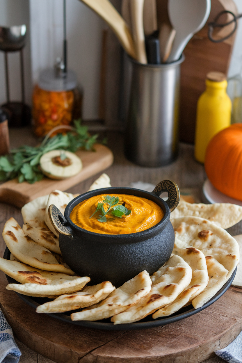 A rustic indoor kitchen scene featuring a small black cauldron bowl filled with golden pumpkin curry dip, mini naan wedges arranged around it. Photo, no text or logos.