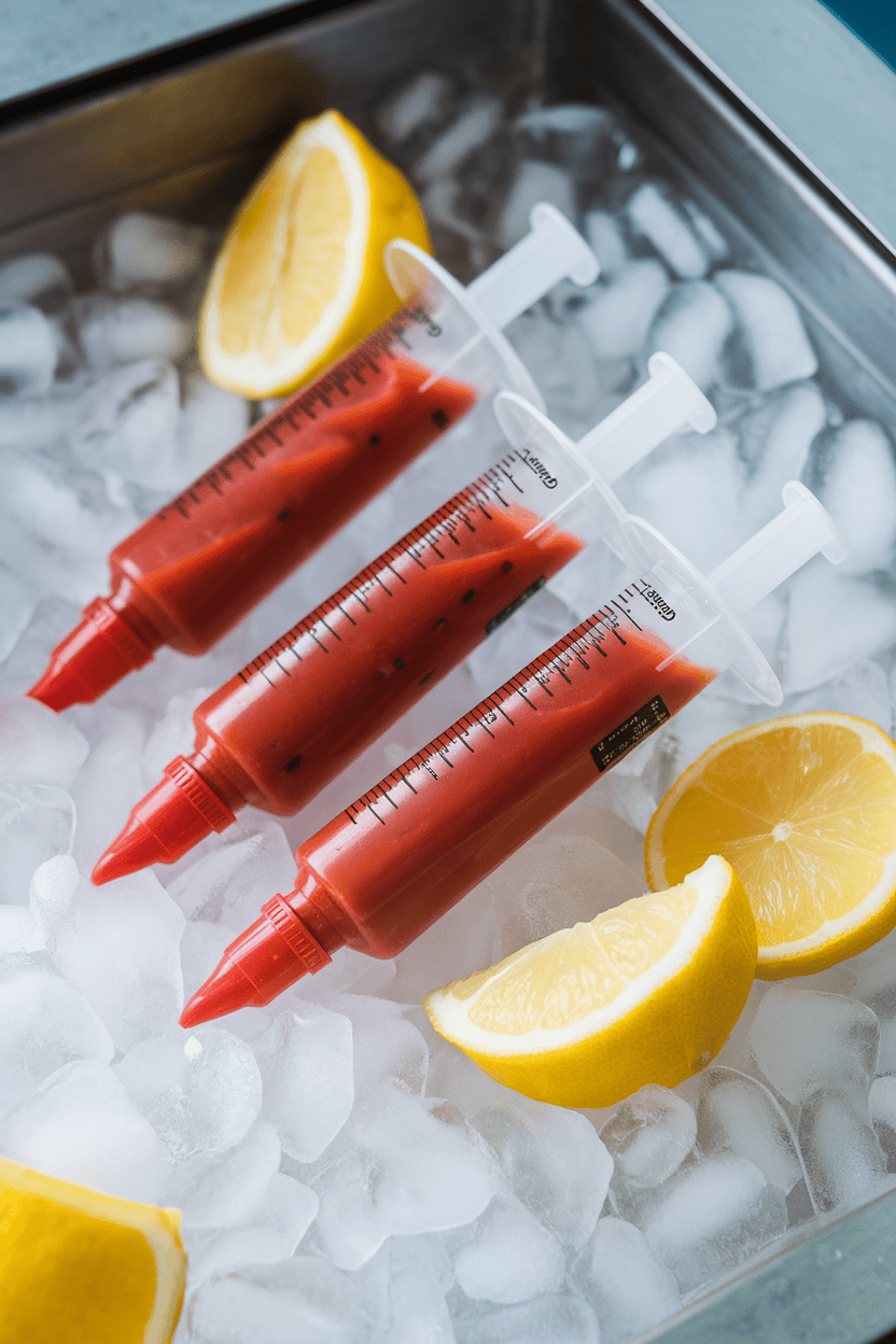 Indoor photo of plastic appetizer syringes filled with bright red Bloody Mary mix on an ice bed, lemon wedges alongside. No text or logos.
