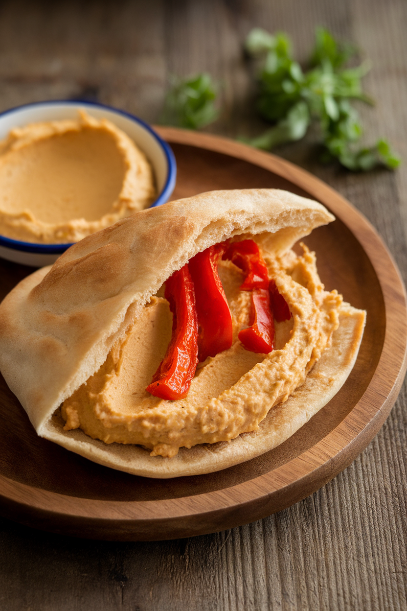 A warmly lit indoor photo of a pita pocket opened to reveal creamy hummus and strips of roasted red pepper, no text or logos.