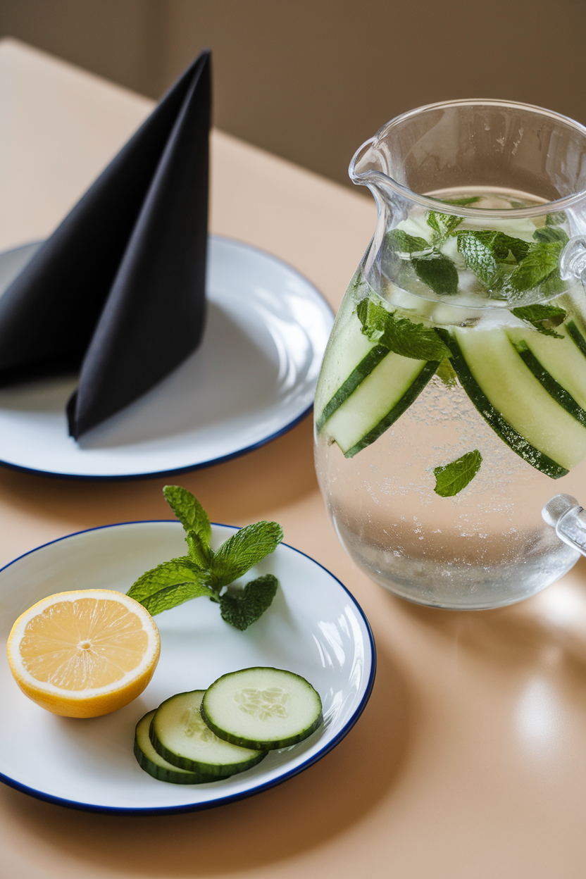 Photo of an indoor table setting with a clear pitcher of sparkling water filled with cucumber ribbons and mint leaves; no text or logos