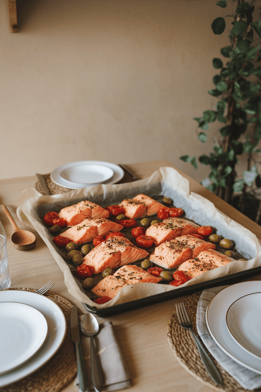 An indoor dining table showcasing a parchment-lined sheet pan of cooked salmon fillets surrounded by blistered cherry tomatoes and green olives. Steaming hot, no raw fish visible, and no logos.