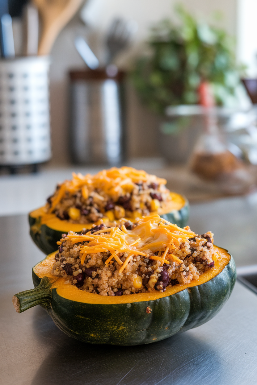 An indoor kitchen counter with halved acorn squash filled with quinoa, black beans, and corn, cheese lightly melted on top. No text or logos; photo only.