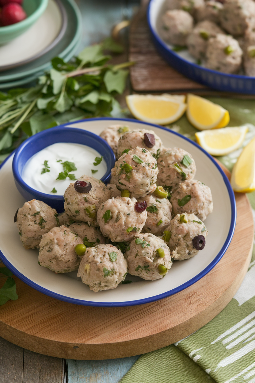 An indoor dinner spread showing a plate of small baked turkey meatballs flecked with chopped green olives and herbs, served with a side of yogurt sauce. No branding or text; photography only.
