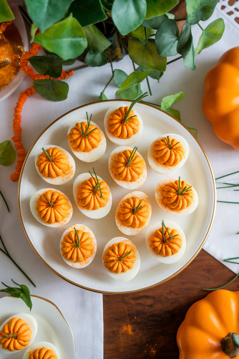 Overhead indoor shot of deviled eggs tinted orange with paprika, piped to look like mini pumpkins, small chive stems on top. No text or logos.