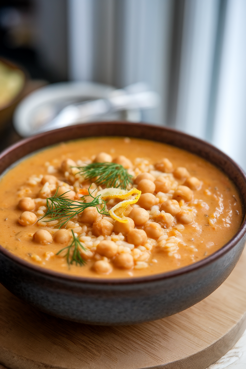 An indoor soup bowl filled with creamy rice and chickpea soup, garnished with lemon zest and dill. No text or logos; photography only.