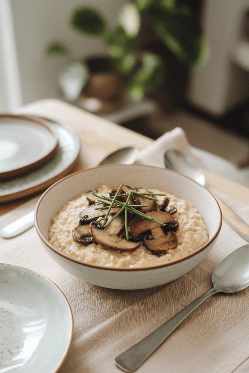 Indoor breakfast table with a bowl of creamy oatmeal topped with sautéed mushrooms and chives, no logos