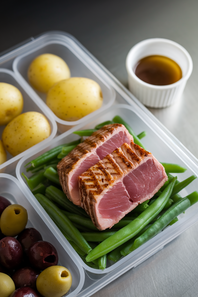 Indoor photo of compartmental meal-prep container holding seared tuna, green beans, boiled potatoes, olives, and a small cup of vinaigrette. No text or logos.