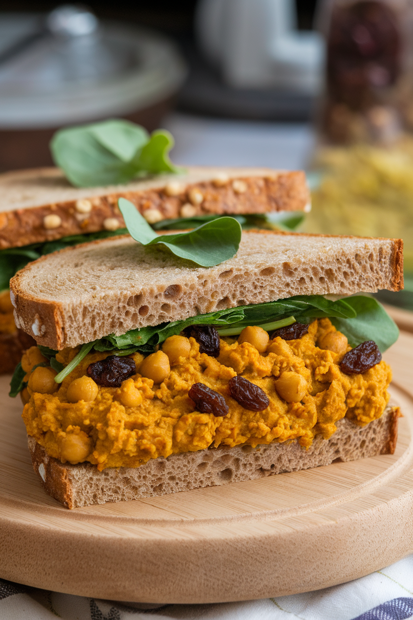 Photo of a sandwich indoors with curried mashed chickpeas, raisins, and greens on whole-grain bread. No text or logos.