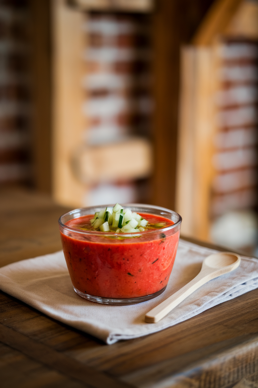An indoor table with a chilled glass bowl of vibrant red gazpacho, topped with diced cucumber and a drizzle of olive oil; no text or logos present.