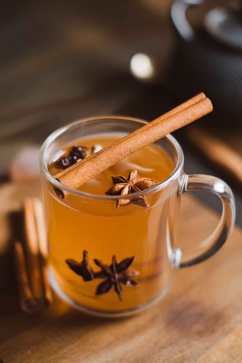 Indoor photo of clear glass mug of warm apple cider with a long cinnamon stick crossing like a bone. No text or logos.
