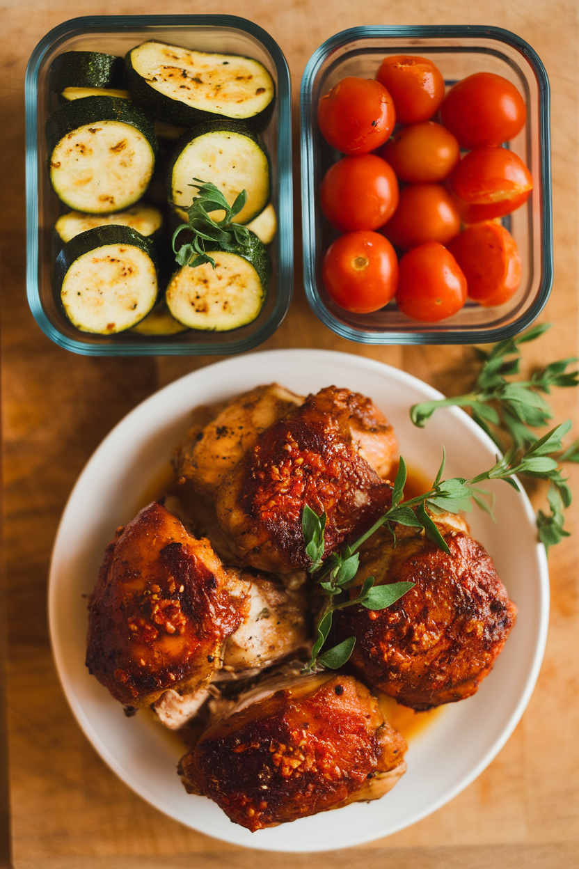 Indoor photo of meal-prep box containing harissa-glazed chicken thighs, roasted zucchini, and cherry tomatoes. Warm overhead lighting, no logos.