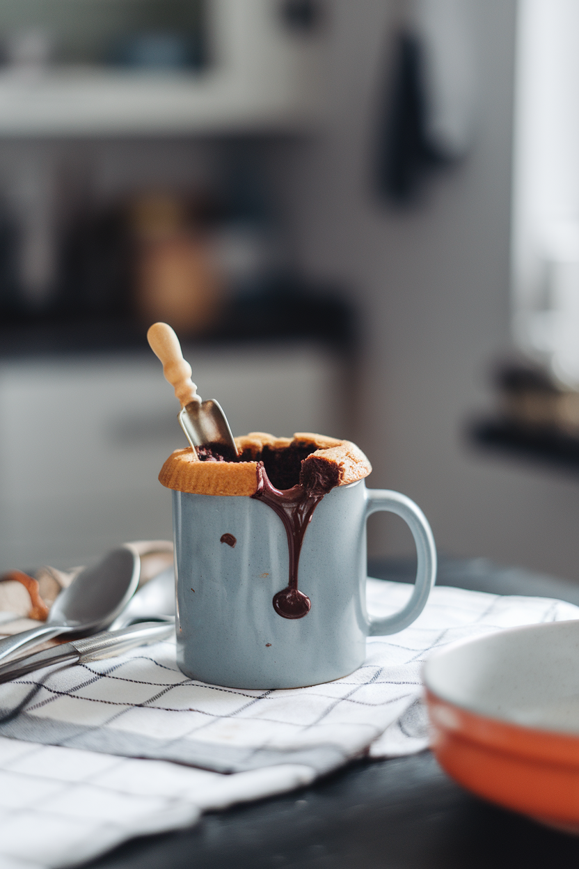 A mug on an indoor table with molten chocolate cake oozing from a broken top, tiny cookie “shovel” stuck in. Photo only, no text or logos.