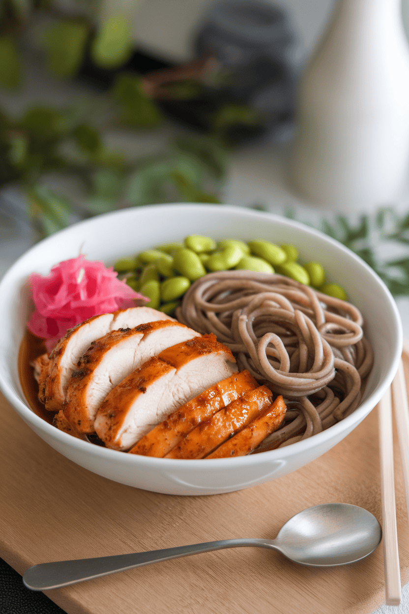 Indoor photo of miso-glazed chicken breast slices, soba noodles mixed with edamame, and a small side of pink pickled ginger; no text or logos.
