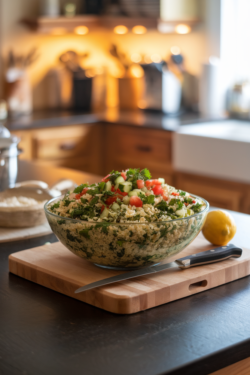 A kitchen island scene with a wide bowl of tabbouleh made from bulgur, parsley, diced cucumber, and tomato; warm indoor lighting, no text or branding.