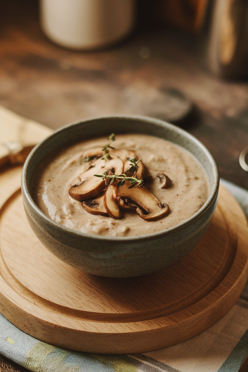 A soup bowl indoors filled with creamy mushroom soup topped with sautéed mushroom slices and thyme leaves; no text or logos. Photo.</Prompt