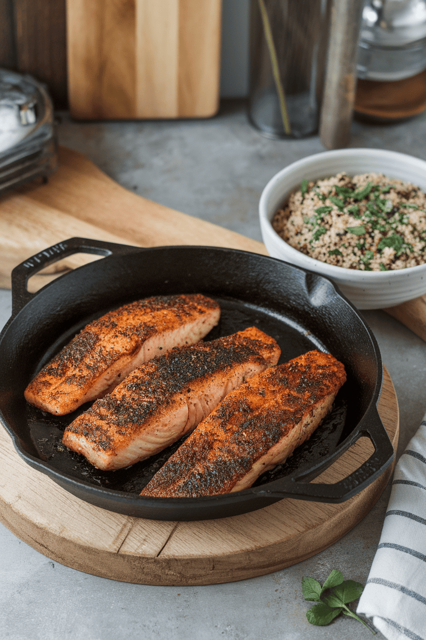 Indoor scene with a cast-iron skillet holding blackened catfish fillets, alongside a bowl of quinoa pilaf dotted with herbs. Photo only.