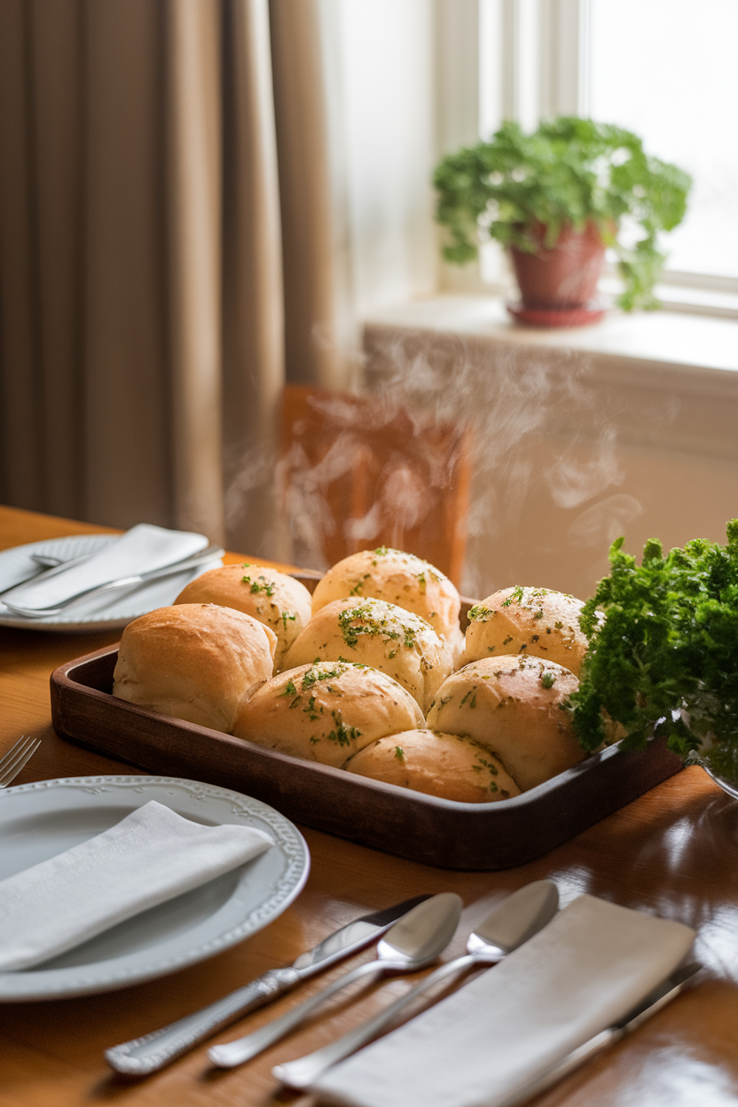 Warm indoor table scene with a tray of folded Parker House rolls brushed in garlic-parsley butter. Photo, no text or logos.