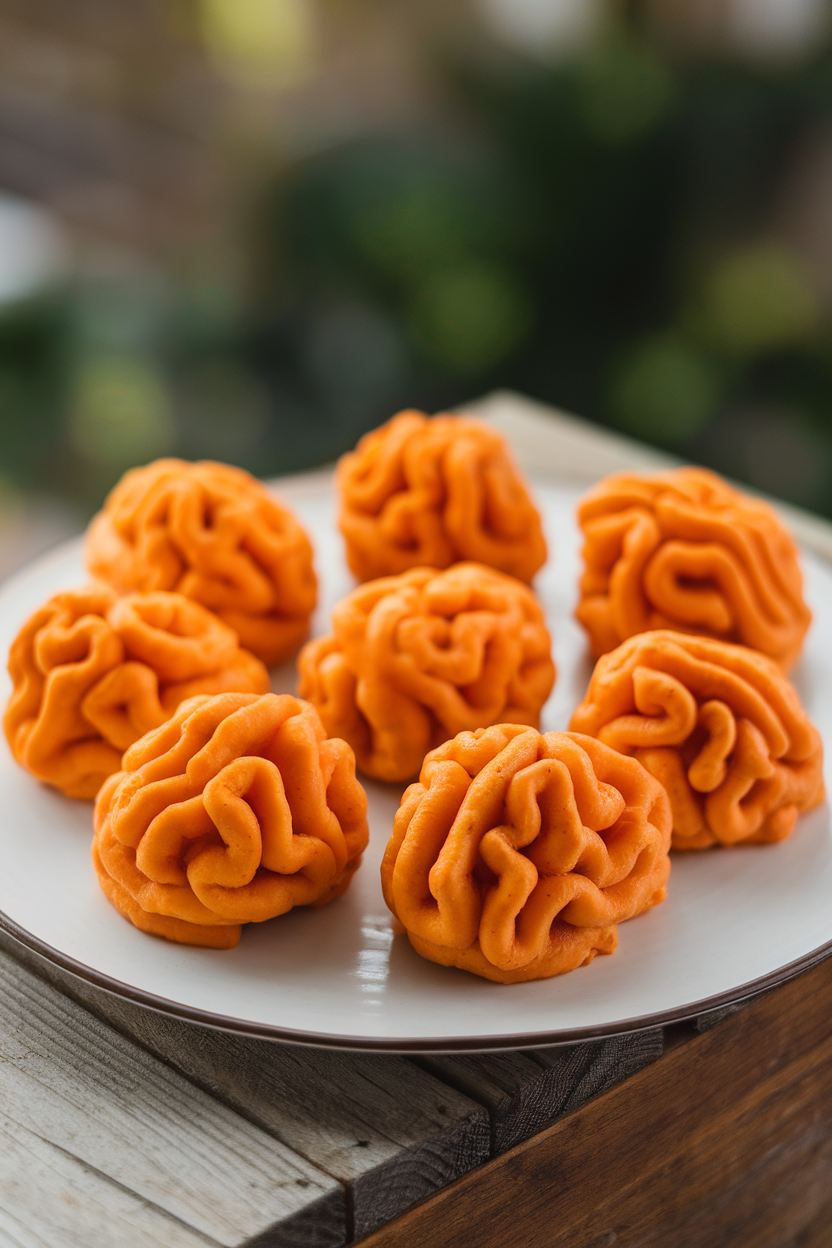 A white indoor platter featuring piped mounds of mashed sweet potato shaped into brain ridges and lightly torched. No text or logos visible. Photo, not illustration.
